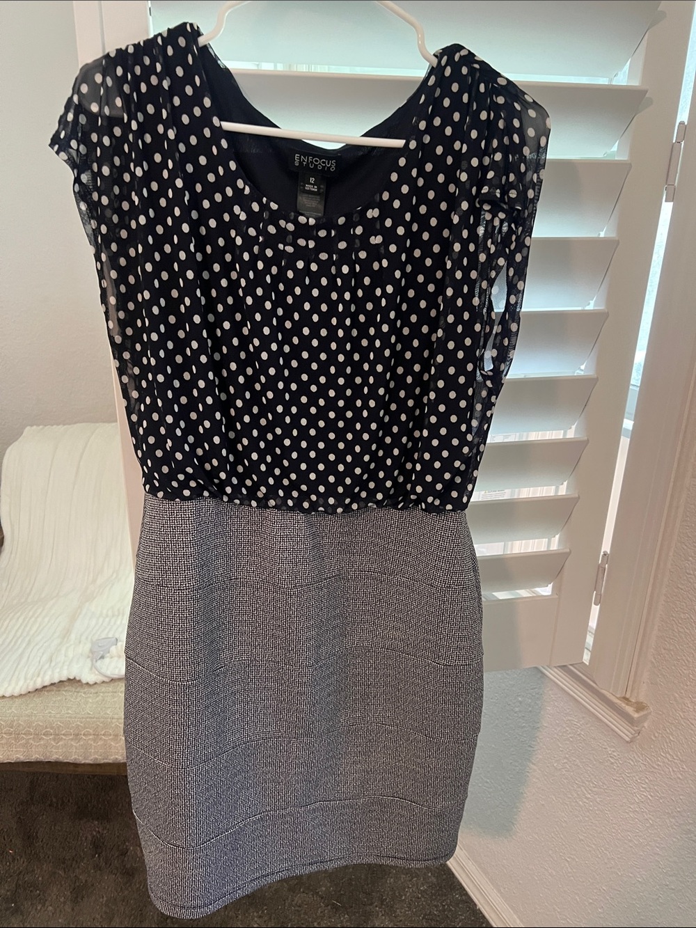 Enfocus Studio Black Polka Dot Chiffon Top Midi Dress with Gray Skirt